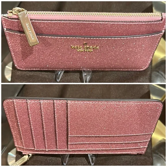 Authentic ♠️ Kate Spade NY Large Slim Cardholder in Glitter Mixed Mitten Pink